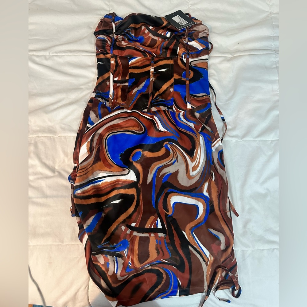 Chocolate Marble Satin Strappy Cowl Corset Dress